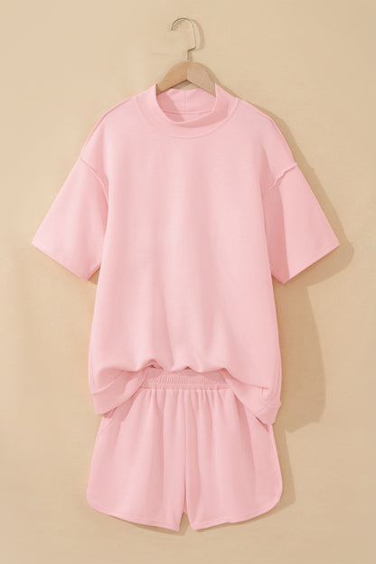 Solid Color Exposed Seam Mock Neck Oversize Tee Casual Shorts 2pcs Outfit