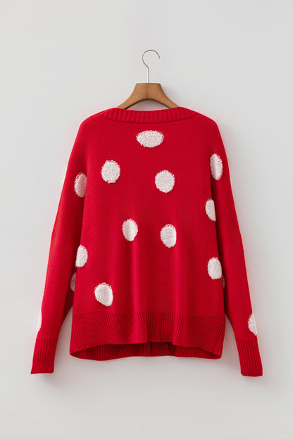 Polka Dot Button Front Oversized V Neck Cardigan