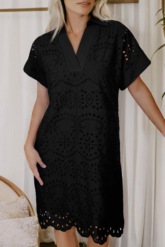 Solid Color Eyelet Embroidered T Shirt Mini Dress