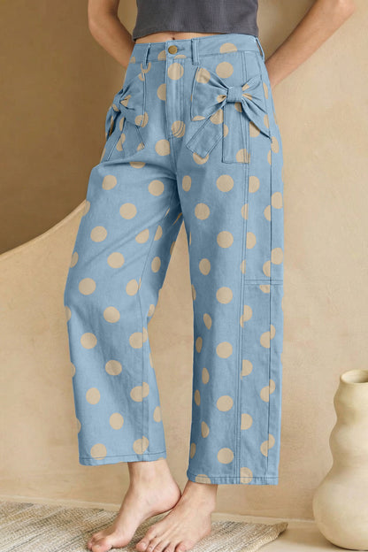 Polka Dot Print Bow Detail Pocketed Jeans
