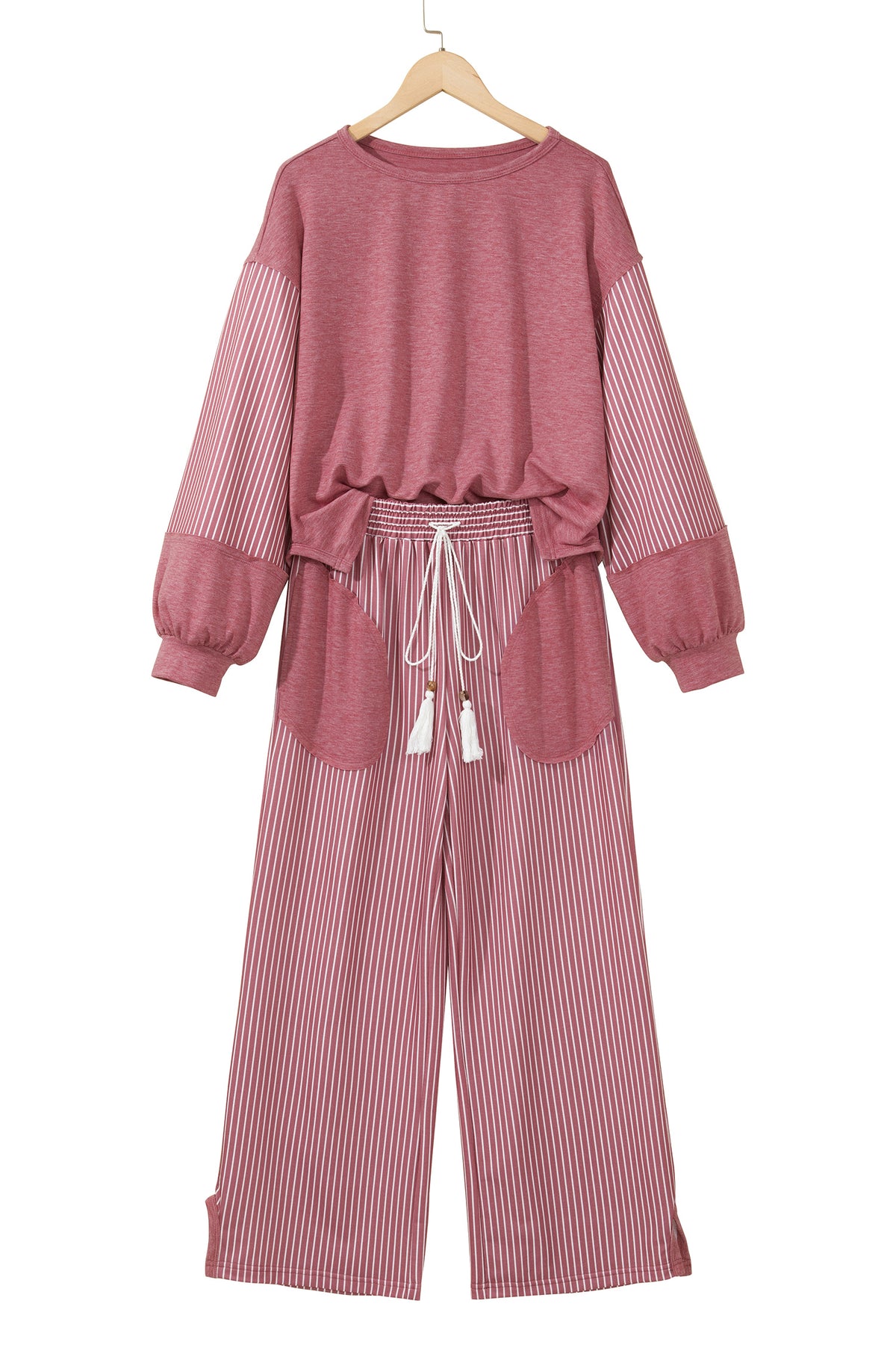 Raw Seam Patchwork Long Sleeve Top Pocket Casual Pants 2pcs Set
