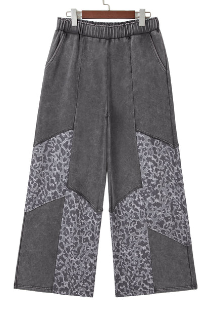 Dark Grey Mineral Wash Leopard Patchwork Loose Pants