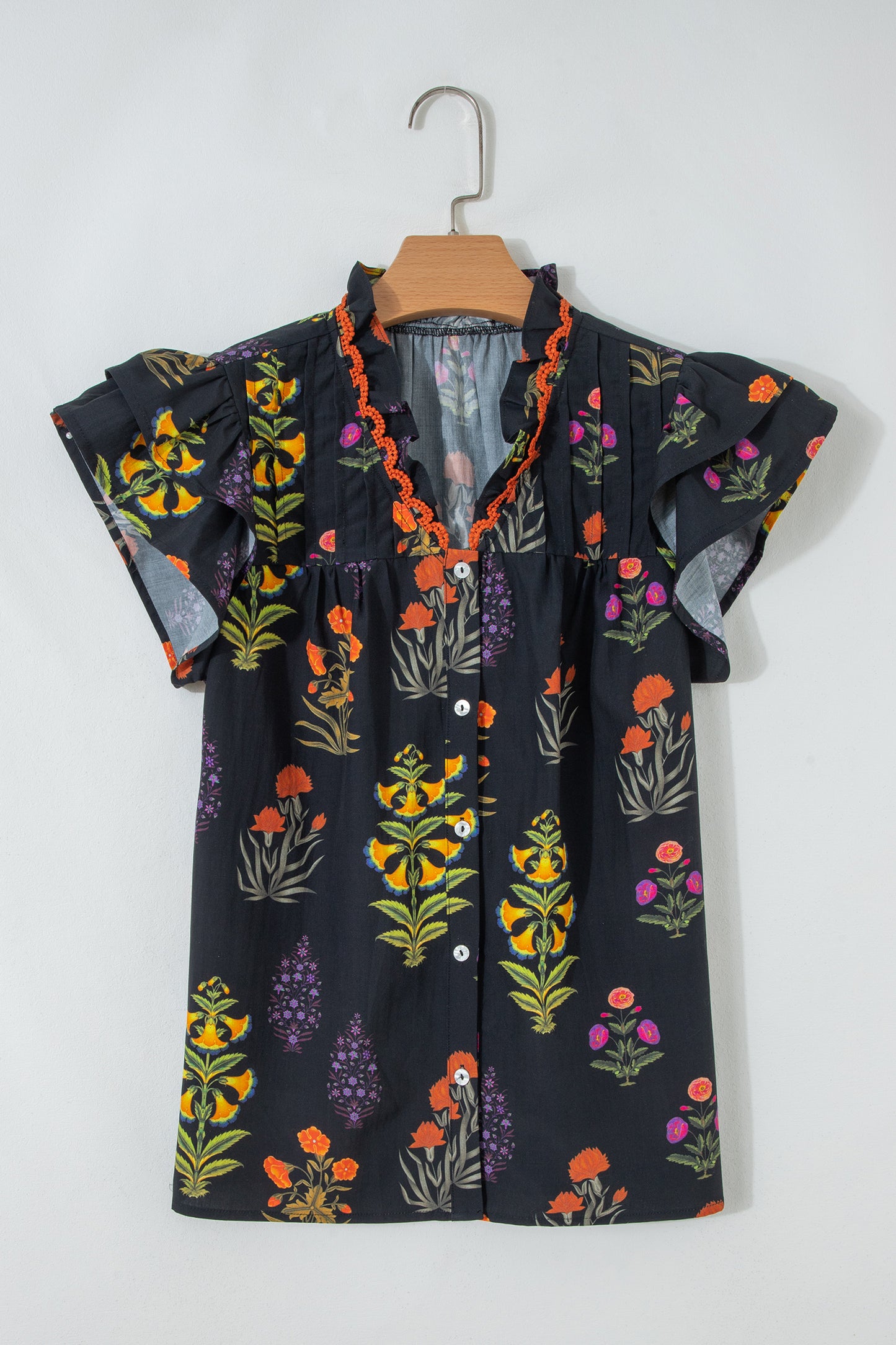 Black Floral Print Lace Trim Frilled V Neck Short Sleeve Shirt