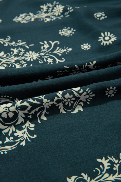 Blue Boho Floral Print Lettuce Trim 3/4 Sleeve Mini Dress