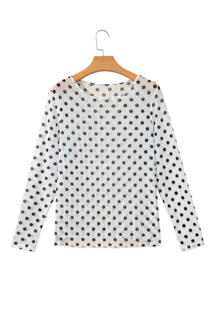 Black Polka Dot Sheer Mesh Long Sleeve Round Neck Shift Top