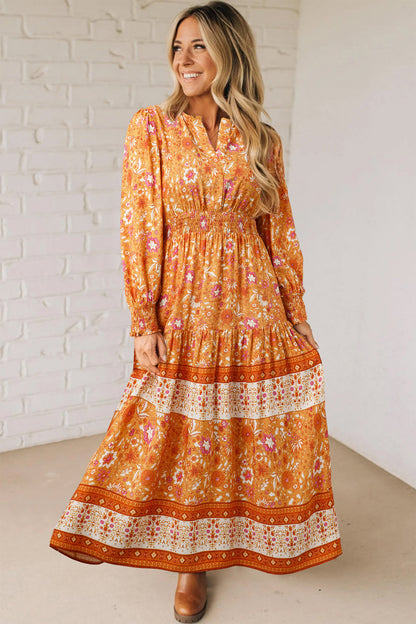 Orange Floral Print Smocked Waist Long Sleeve Boho Maxi Dress
