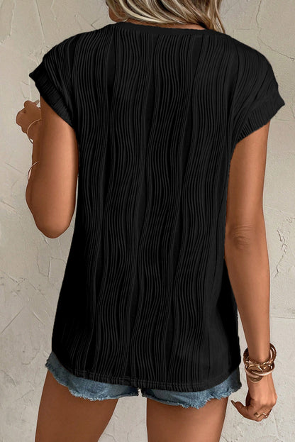 Black Wavy Textured Button V Neck Tee
