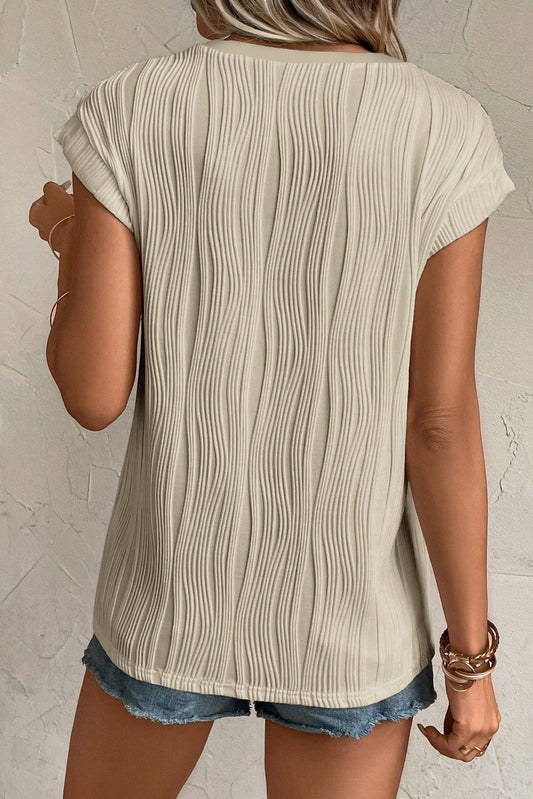Apricot Wavy Textured Button V Neck Tee