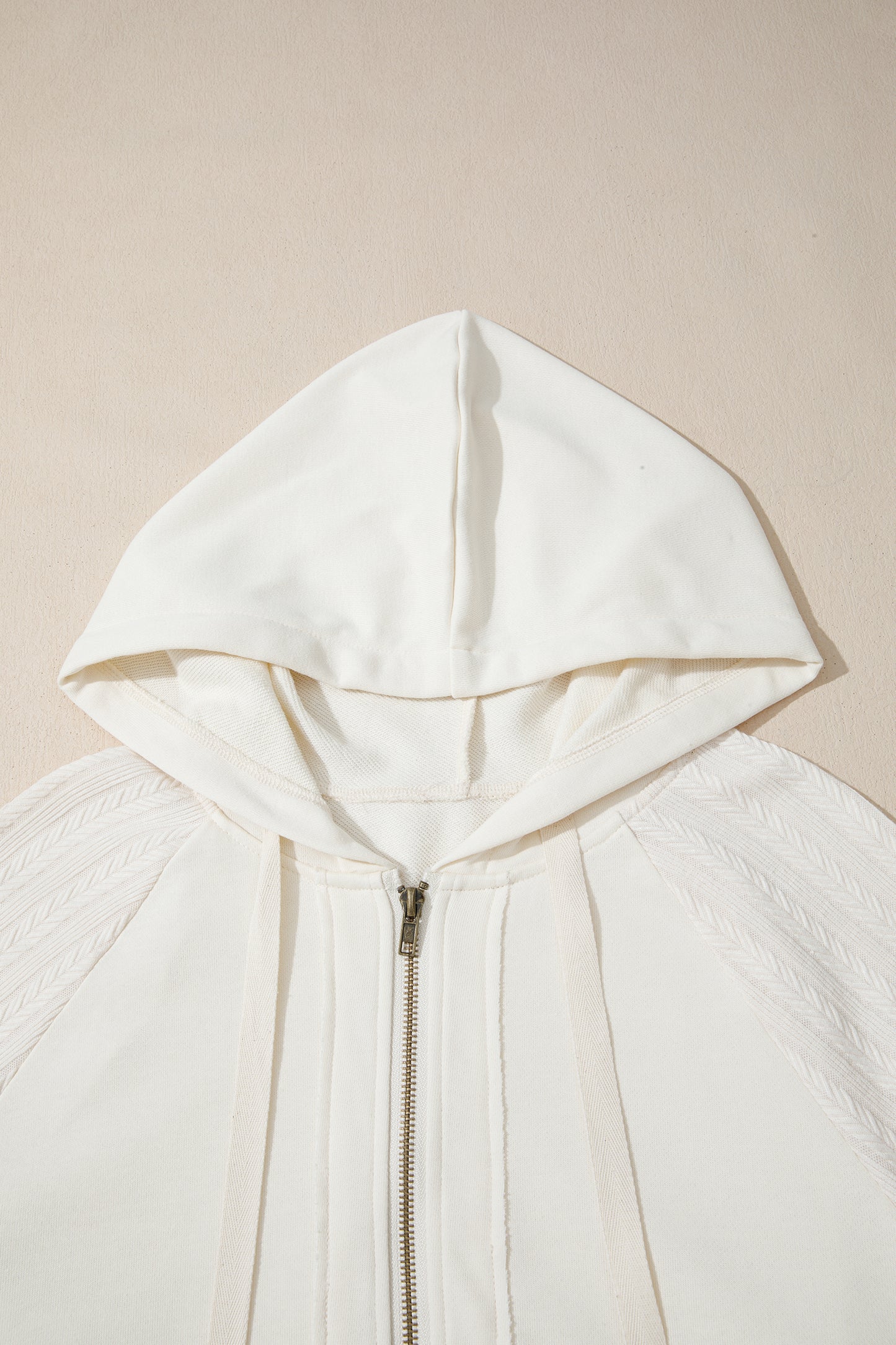 Beige Solid Color Textured Sleeve Patchwork Half Zip Hoodie