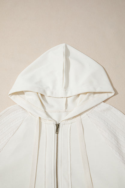 Beige Solid Color Textured Sleeve Patchwork Half Zip Hoodie