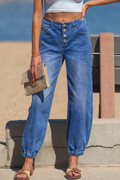 Blue 4 Buttons Front Tapered Casual Loose Fit Jeans