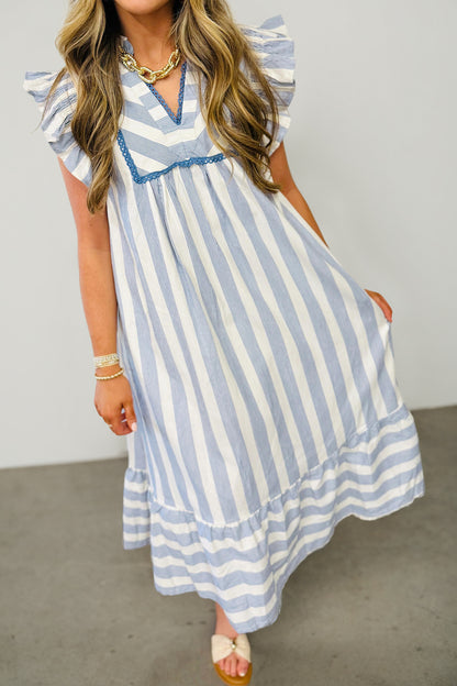 Stripe Subtle Lace Detail V Neck Ruffle Trim Casual Dress