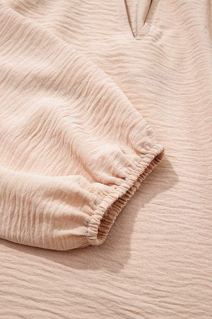 Parchment V Neck Gathered Cuff Three Quarter Sleeve Blouse