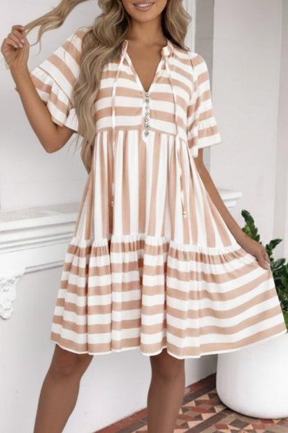 Stripe Tie V Neck Ruffle Trim Short Sleeve Flared Summer Dress