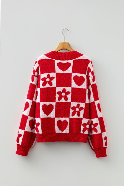 Fiery Red V Neck Flower Heart Detail Checkered Knit Loose Sweater