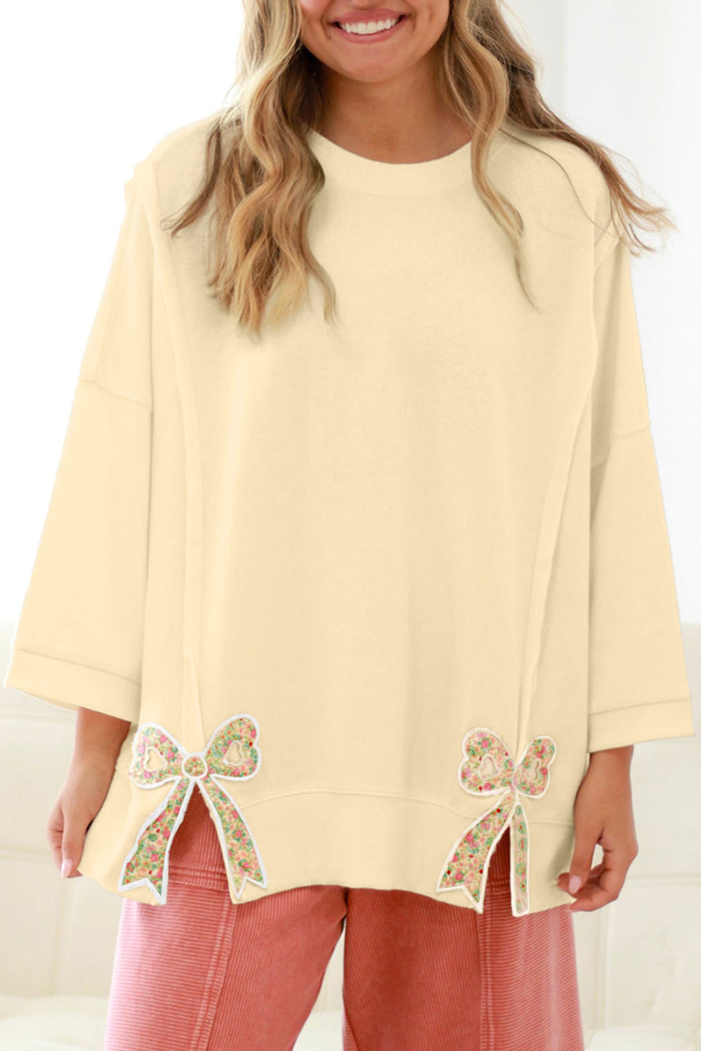 Beige Plus Size Raw Seam Detail Floral Bow Patched Baggy Pullover