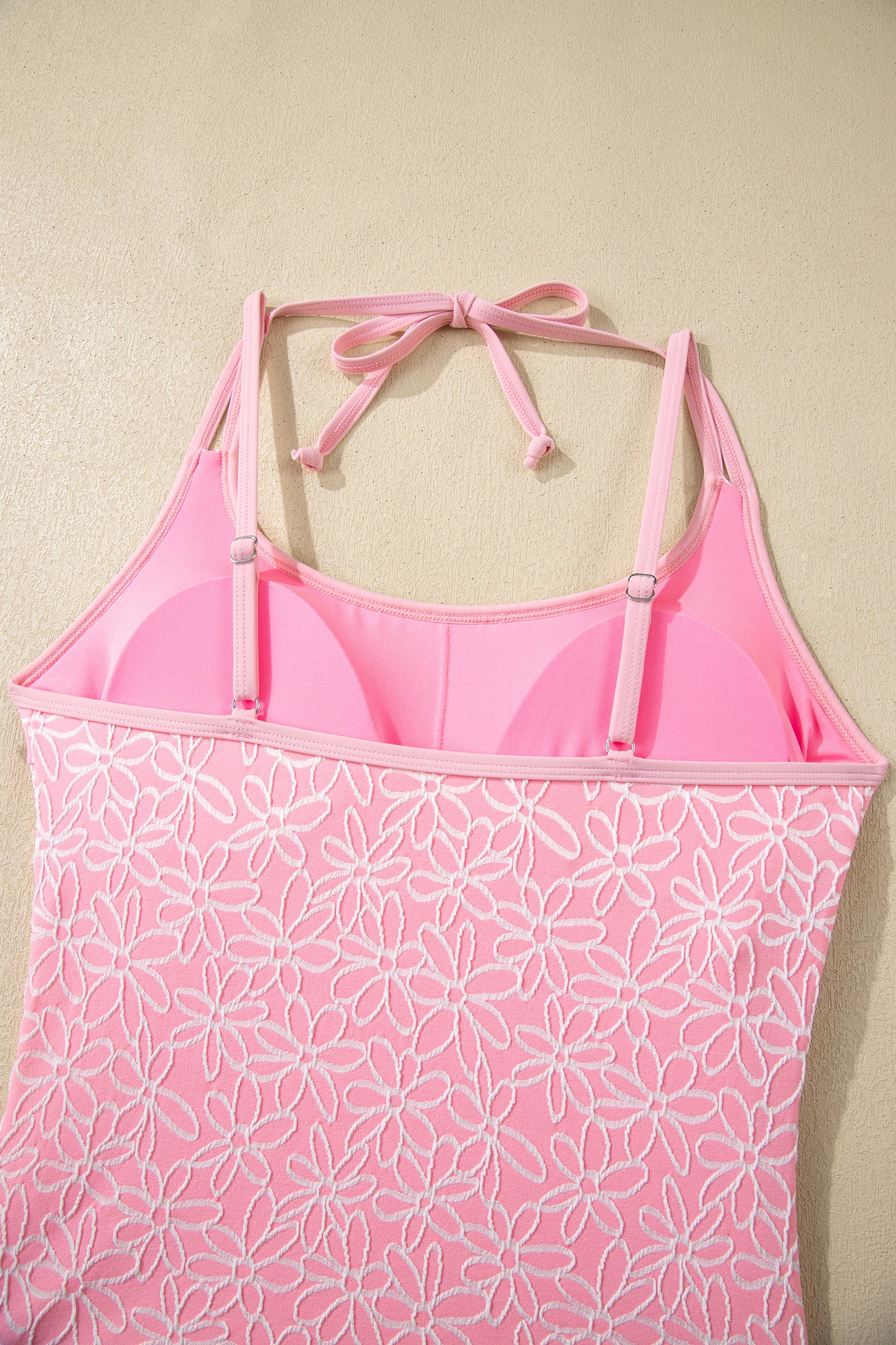 Pink Corded Flower Texture Spaghetti Straps Halterneck One Piece Swimsuit