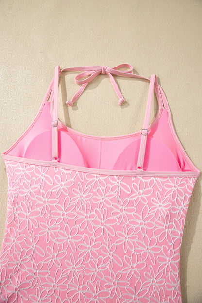 Pink Corded Flower Texture Spaghetti Straps Halterneck One Piece Swimsuit