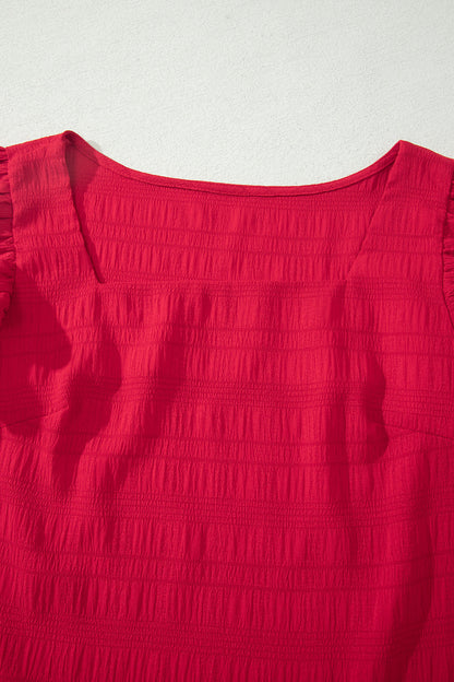 Textured Square Neck Top and Shirred High Waist Shorts Set