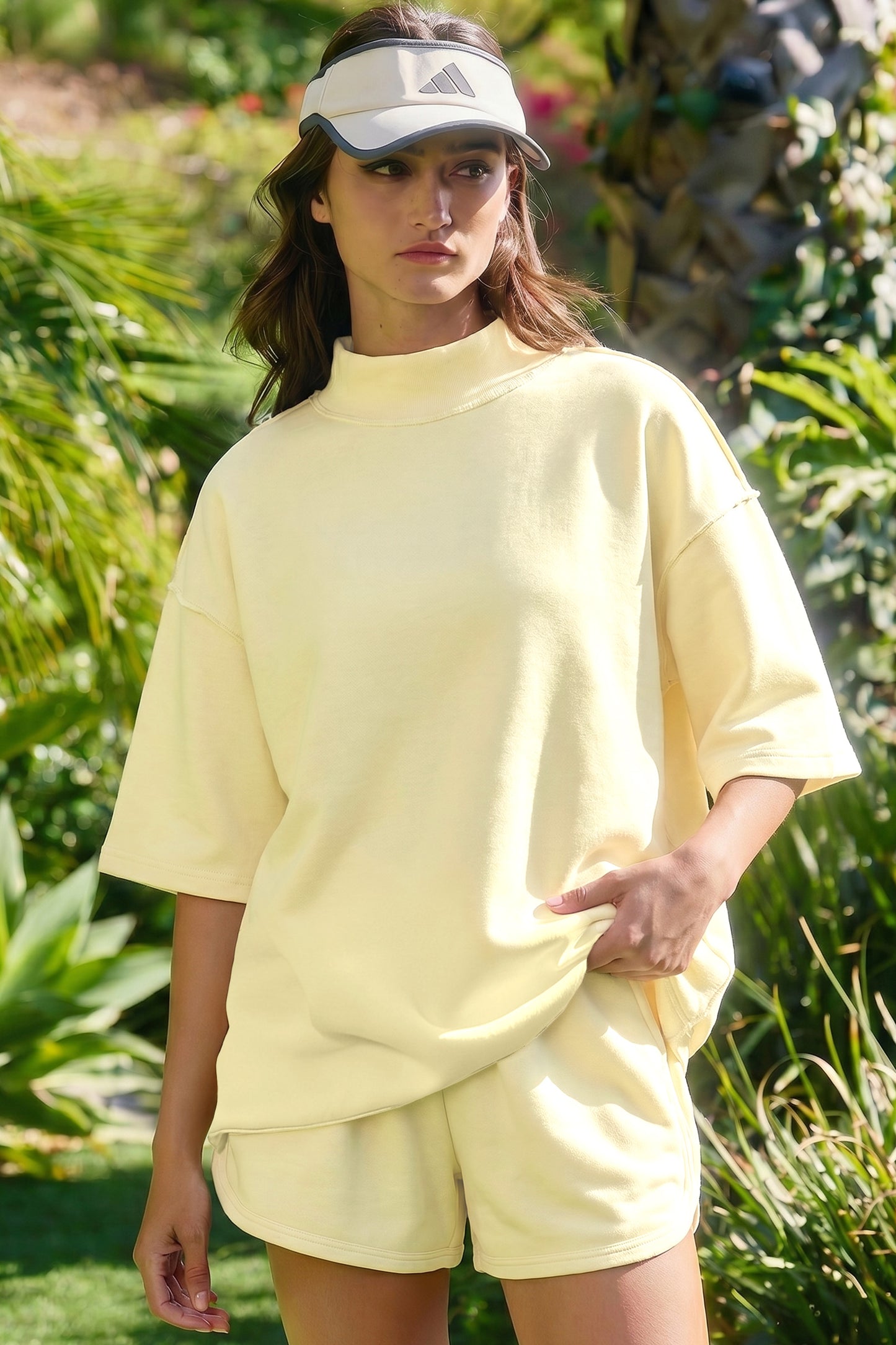 Solid Color Exposed Seam Mock Neck Oversize Tee Casual Shorts 2pcs Outfit