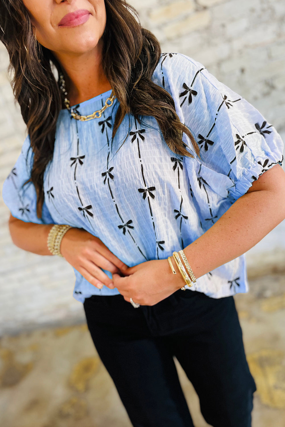 Bow Print Puff Short Sleeve Top