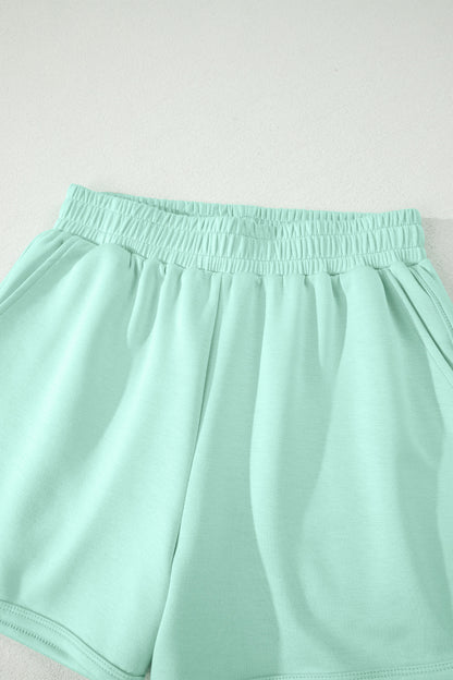 Solid Color Exposed Seam Mock Neck Oversize Tee Casual Shorts 2pcs Outfit