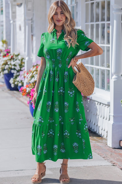 Floral Print Split Neck Shirred High Waist Ruffle Hem Maxi Dress