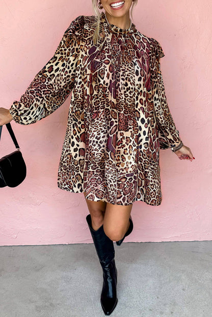 Brown Leopard Ruffled Detail Long Sleeve Loose Mini Dress