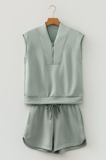Quarter Zip Sleeveless Top Drawstring Shorts Casual 2pcs Outfit