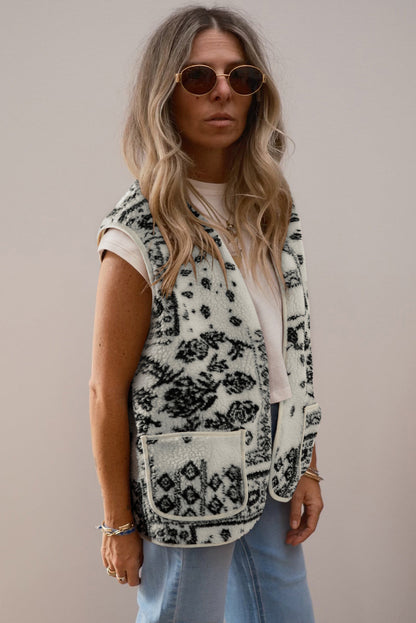 Brown Sherpa Paisley Print Pocketed Western Fashion Vest Jacket