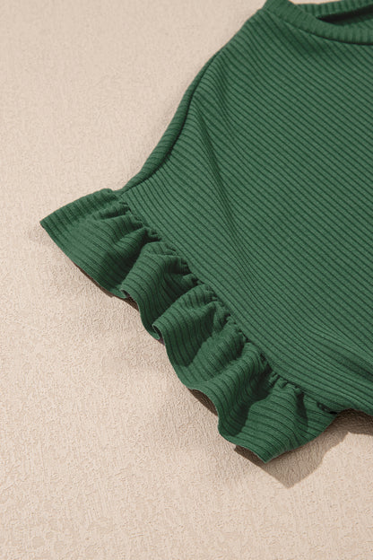 Jungle Green Solid Color Ribbed Ruffled Short Sleeve T Shirt