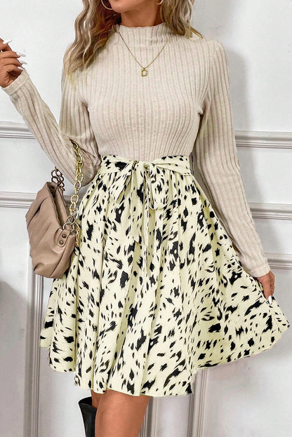 Ribbed Knit Patchwork Printed Belted A-line Dress