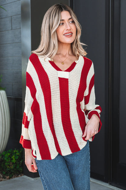 Brown Stripe Colorblock V Neck Bracelet Sleeve Sweater