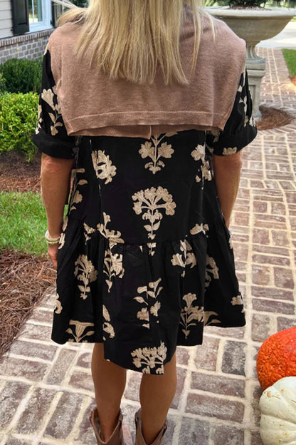 Frilled V Neck Puff Short Sleeve Floral Mini Dress