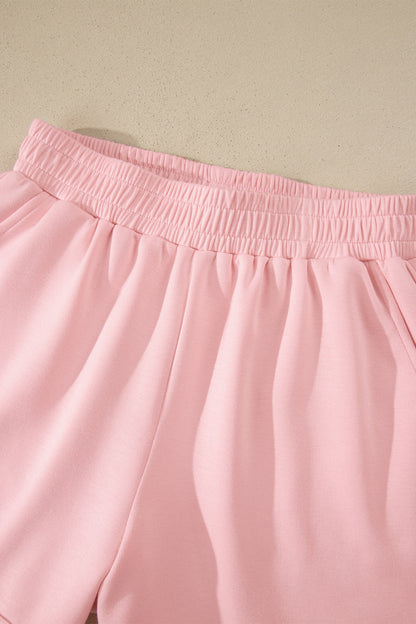 Solid Color Exposed Seam Mock Neck Oversize Tee Casual Shorts 2pcs Outfit