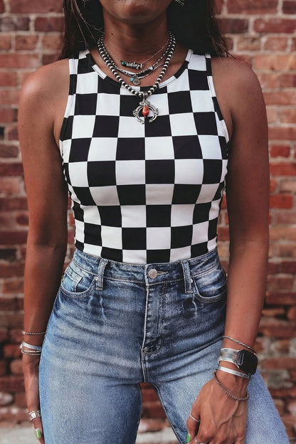 Black Checkerboard Printed Slim Tank Top