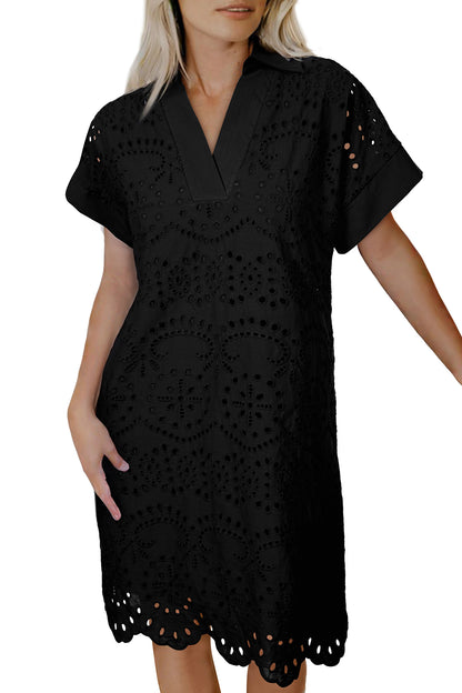 Solid Color Eyelet Embroidered T Shirt Mini Dress