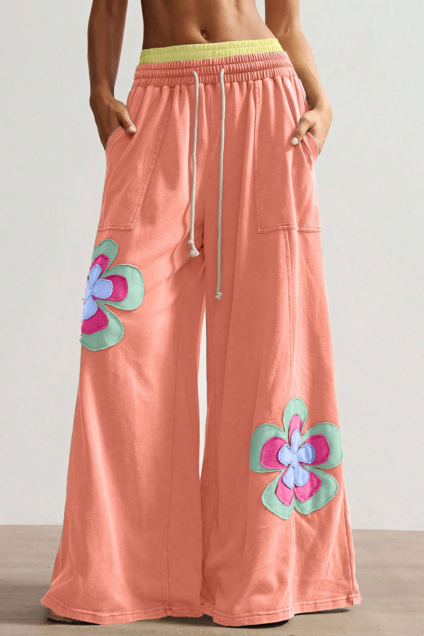 Color Block Flower Patchwork Drawstring Contrasted Elastic Waist Wide Leg Pants