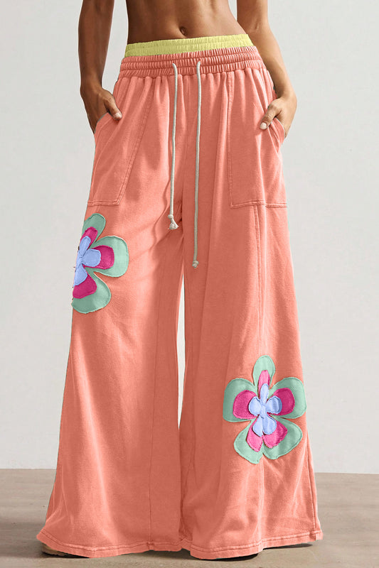 Color Block Flower Patchwork Drawstring Contrasted Elastic Waist Wide Leg Pants