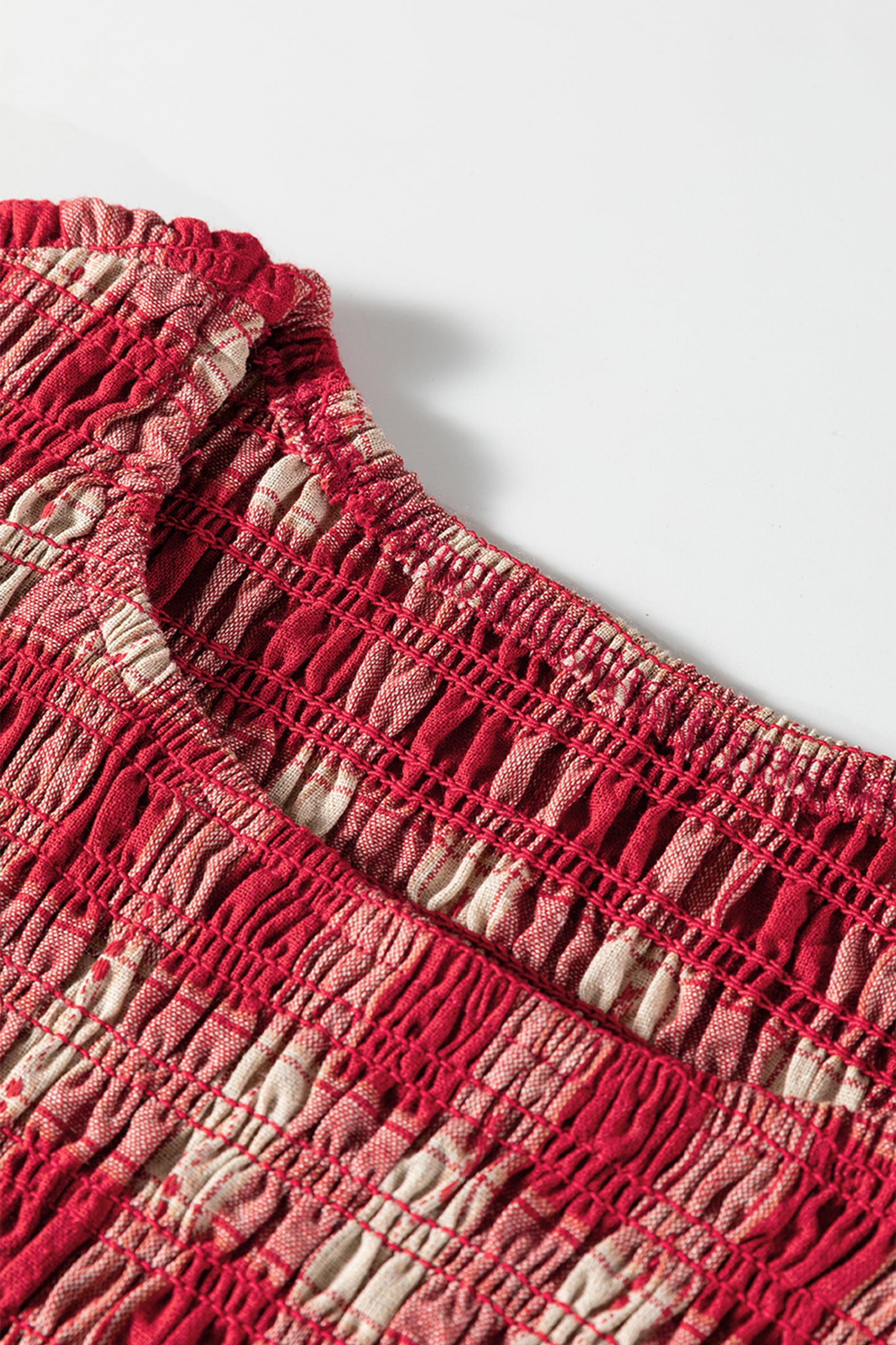 Red Plaid Print Smocked Puff Sleeve Mini Dress