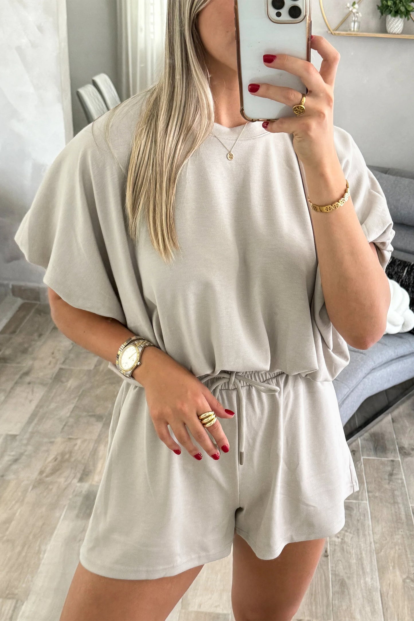 Solid Color Puffy Loose Top Drawstring Shorts 2pcs Outfit