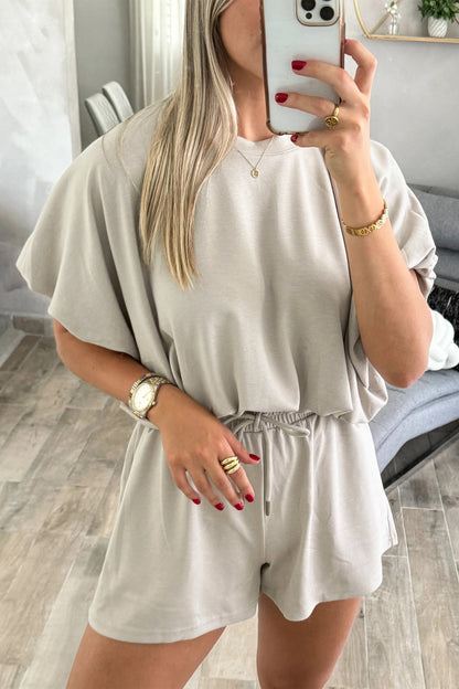 Solid Color Puffy Loose Top Drawstring Shorts 2pcs Outfit