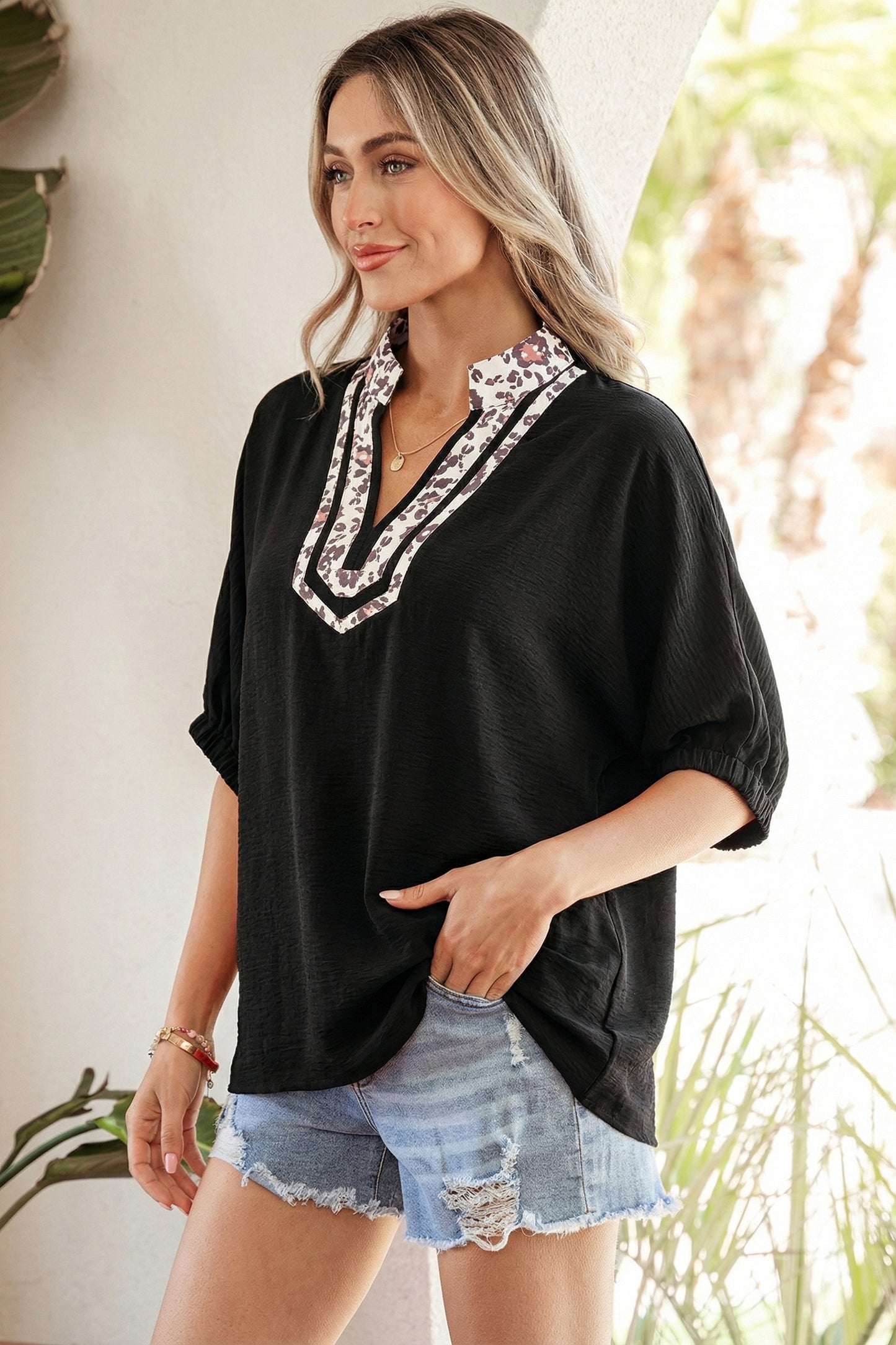 Dolman Half Sleeve Leopard Patchwork Trim V Neck Blouse