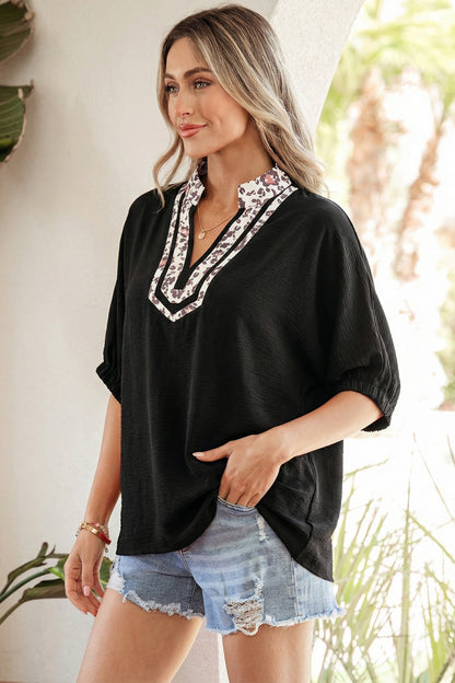 Dolman Half Sleeve Leopard Patchwork Trim V Neck Blouse