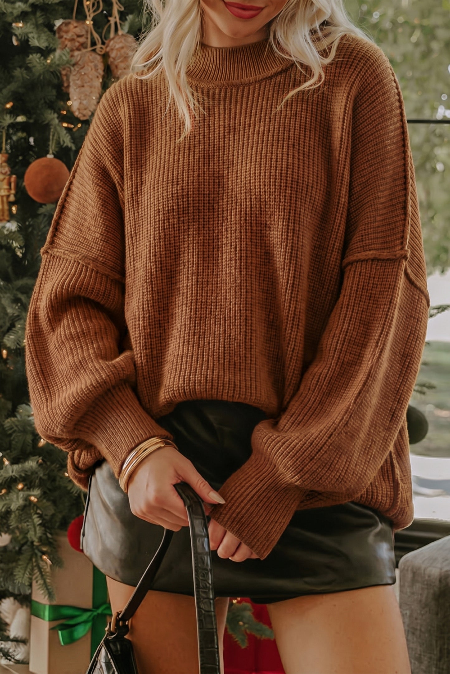 Long Sleeve Ribbed Knit Stand Neck Regular Fit Sweater