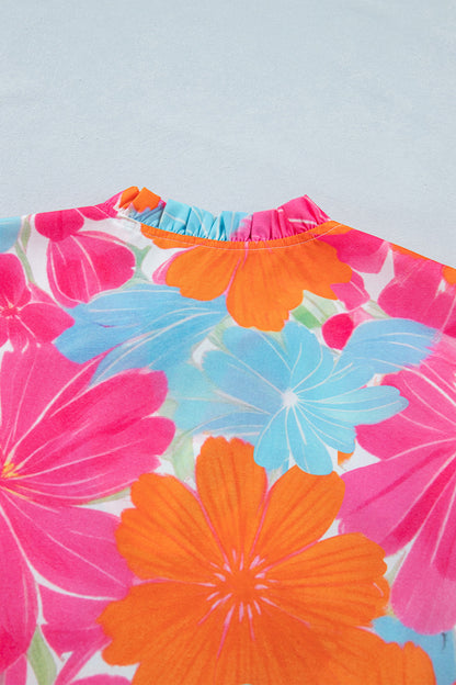 Multicolour Vibrant Flower Printed Tie V Neck Ruffle Trim Sleeveless Blouse