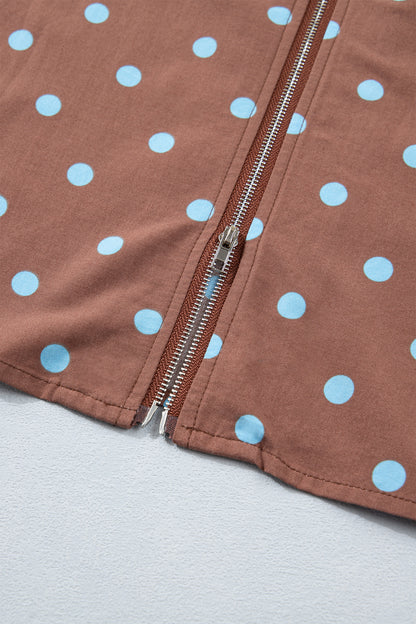 Polka Dot Print Contrast Trim V Neck Zip Up Sleeveless Dress