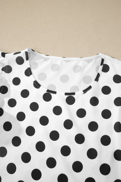 White Polka Dot Print Ruffled Short Sleeve Blouse