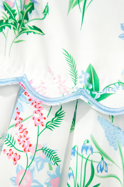 Floral Print Contrast Trim Self-tie Straps High Waist Midi Dress