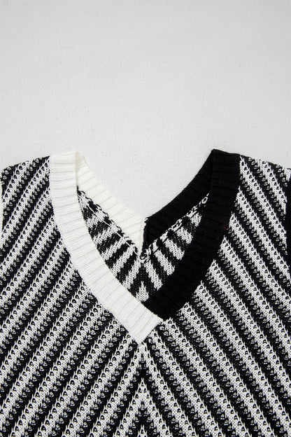Black Contrast Chevron Knit V Neck Sweater Vest